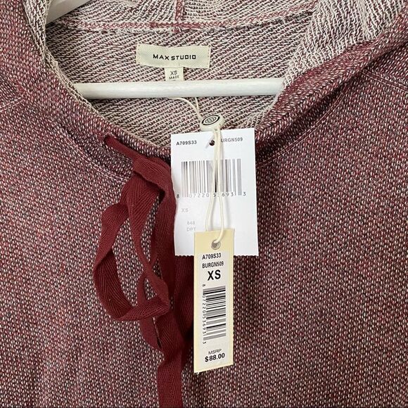 Max Studio Tunic Hoodie Striped Hooded High/low Funnel Neck Burgundy Casual Cute - Picture 11 of 14
